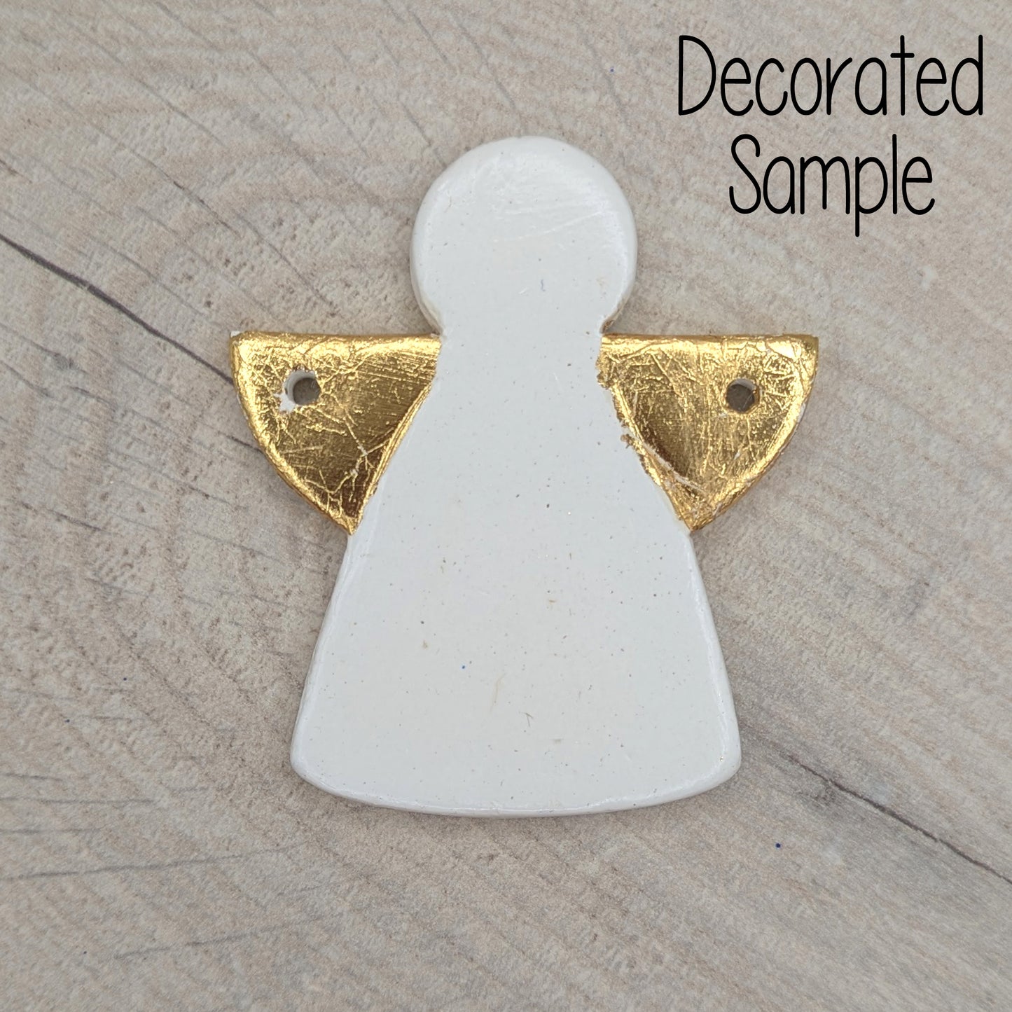 White clay angel ornament, with gold foil on wing area