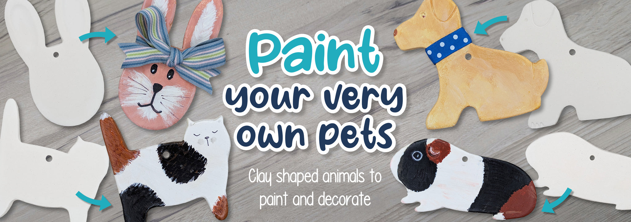 Set of clay animal decoration showing painted and unpainted versions with text 'Paint Your Very Own Pets' in the middle