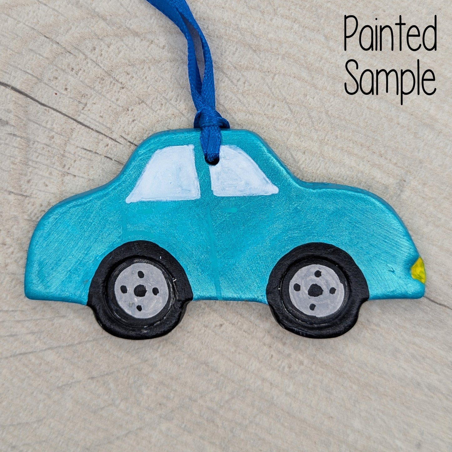 painted car clay decoration, painted in metallic light blue with black wheels
