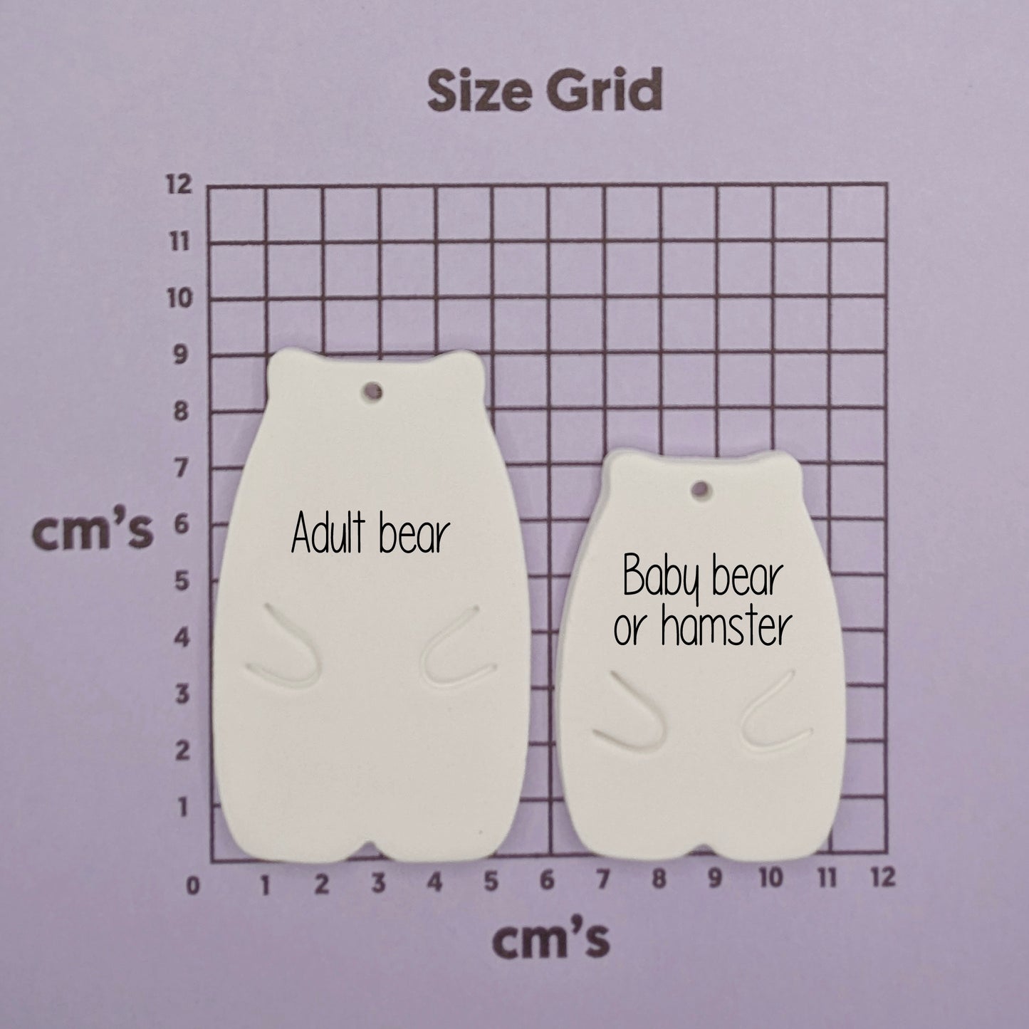 Size grid with 'Adult bear' and 'Baby bear or hamster' shapes on a purple background