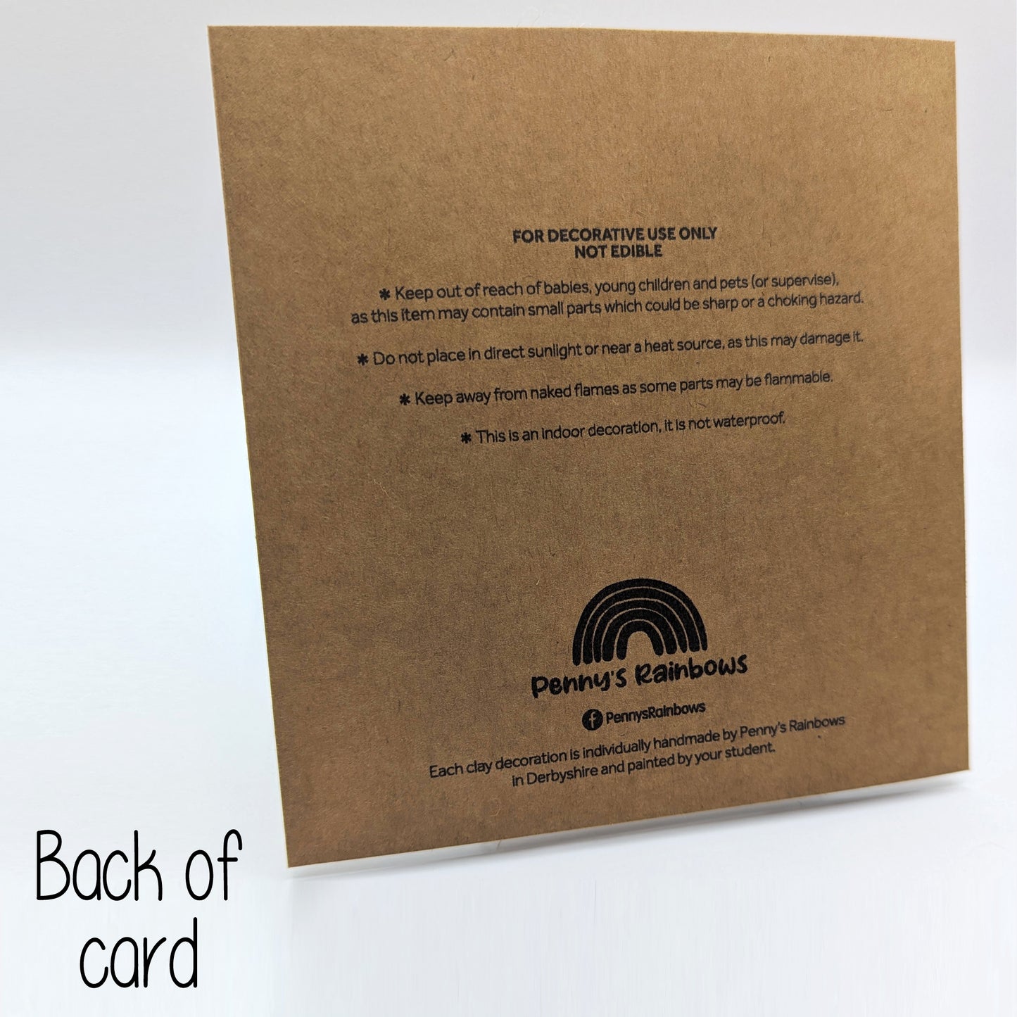 Back of a card with text and branding on a white background