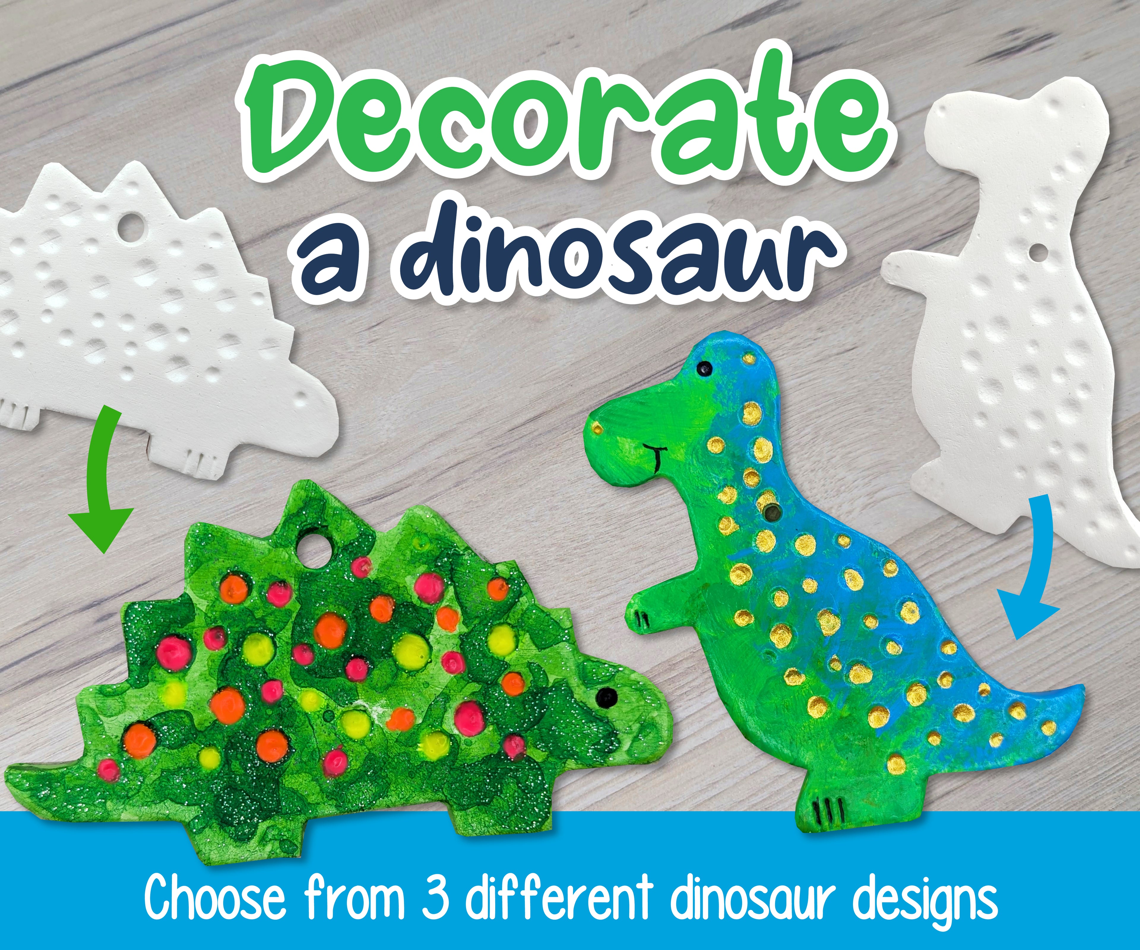 Decorate a dinosaur text with 2 clay dinosaur decorations samples shown