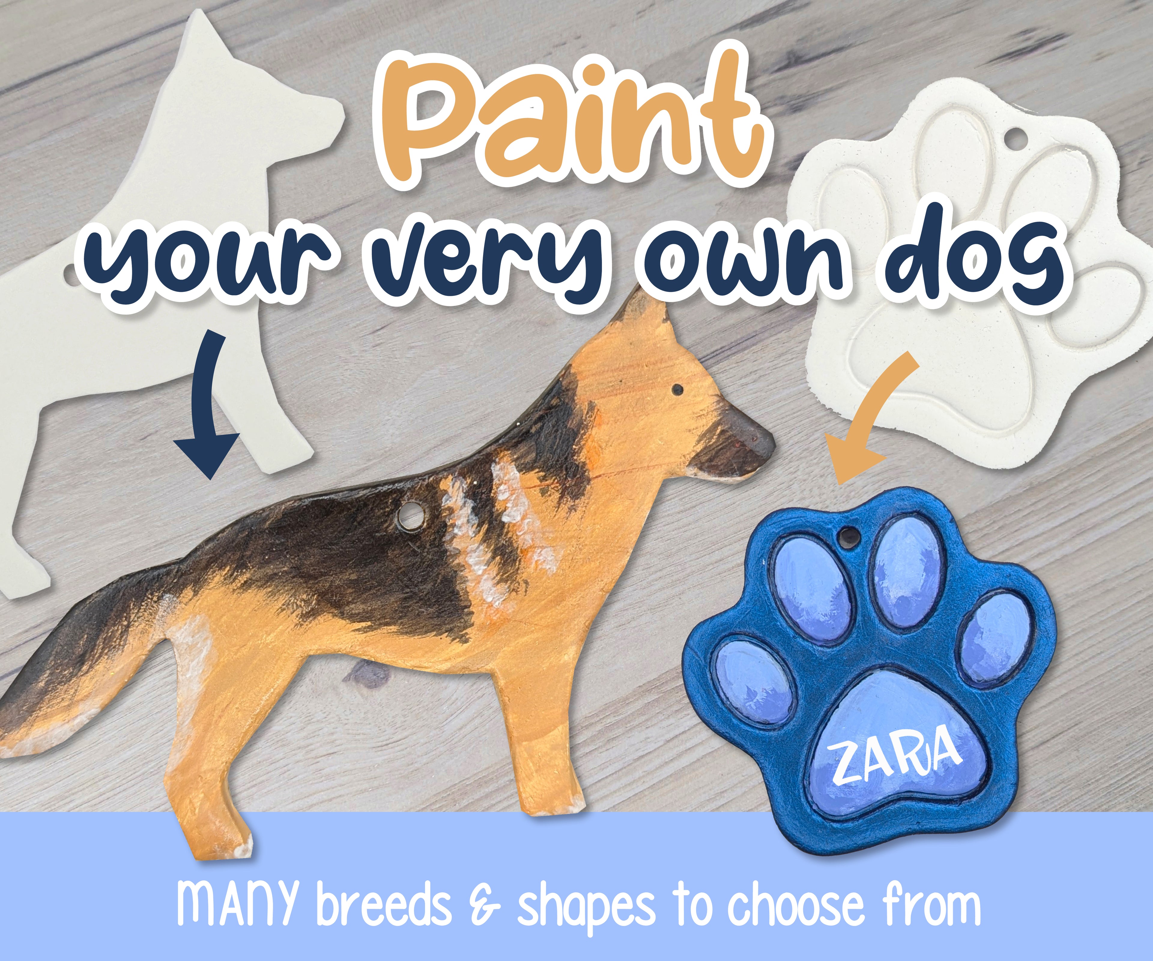 paint your very own dog text with a sample of a german shepherd and paw print shown