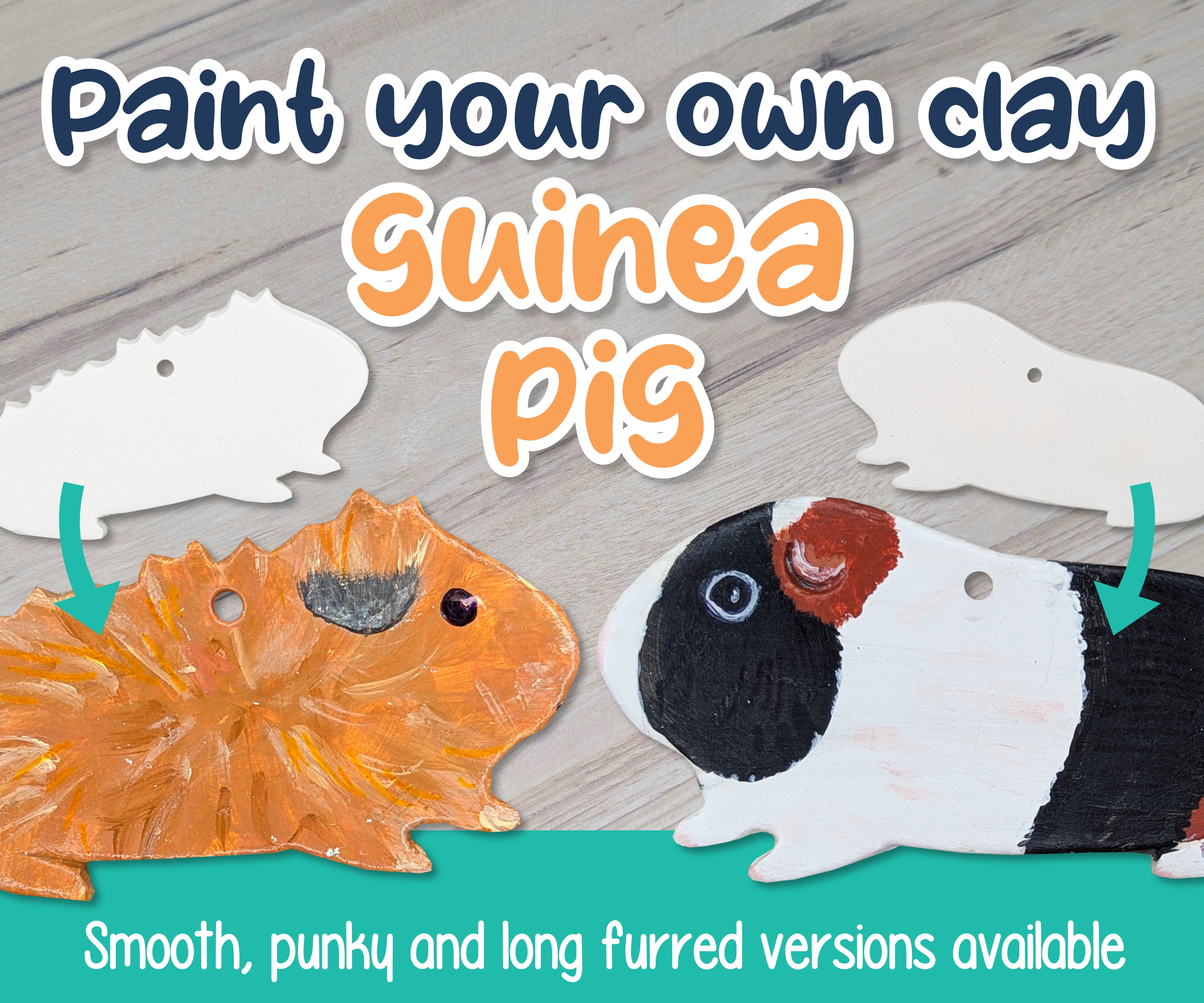 paint your own clay guinea pig text with 2 sample guinea pigs shown