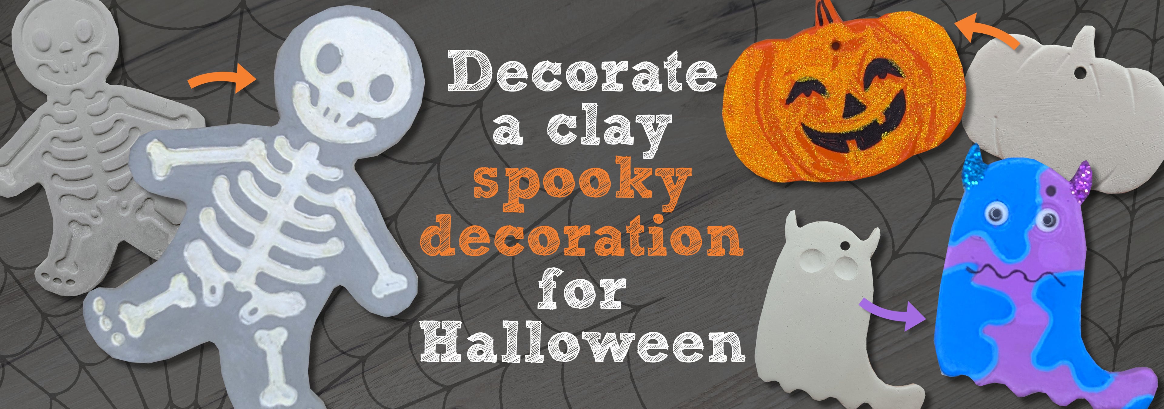 Halloween-themed clay decorations including skeletons, a jack-o'-lantern,  pumpkin and ghost-like figures on a dark background.