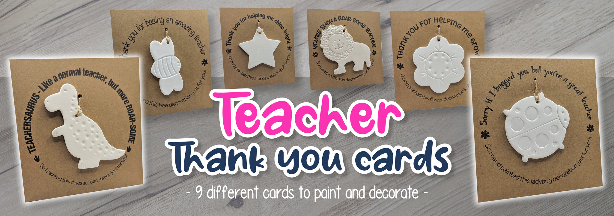 Teacher thank you cards with showing six different designs 