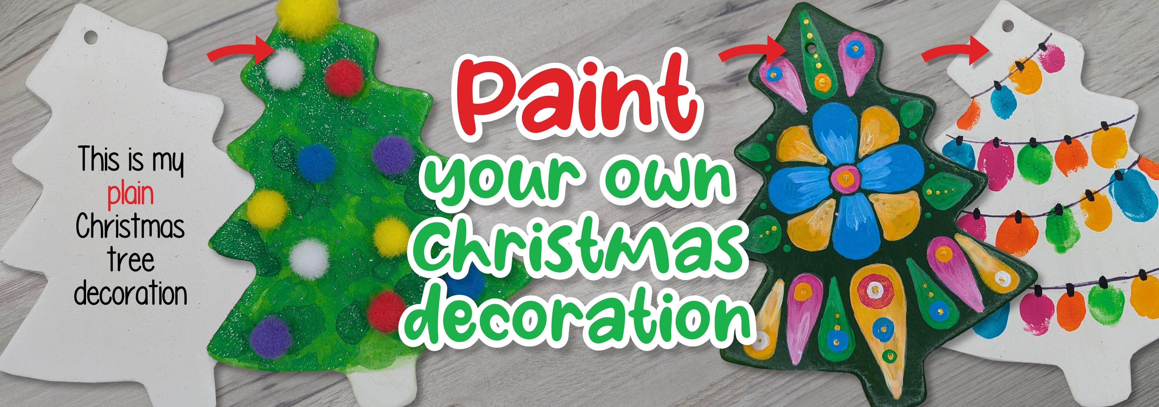 Colorful Christmas tree decorations with text 'Paint your own Christmas decoration'