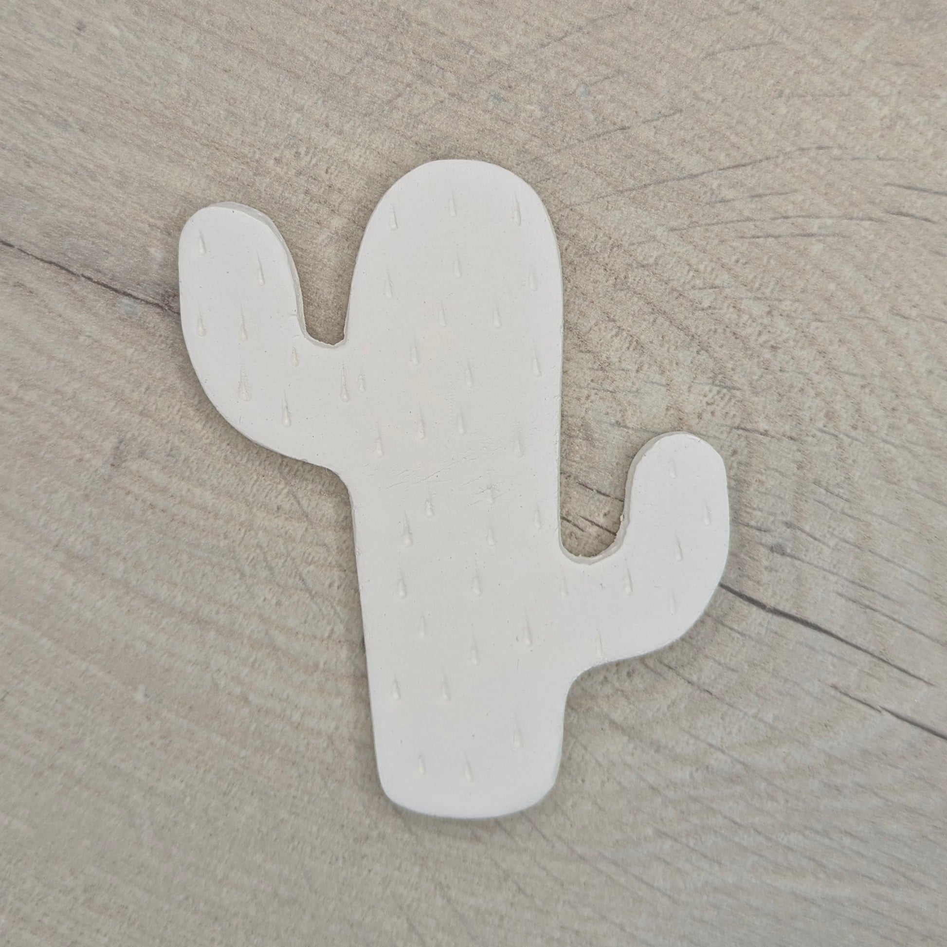 cactus shaped clay decoration, with spike details stamped in on a light wooden background