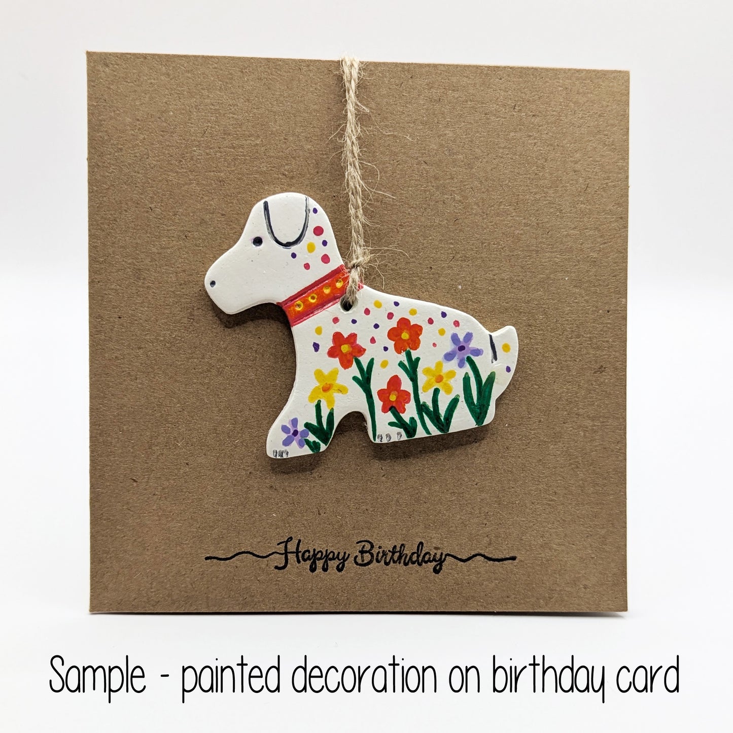 happy birthday card with a painted Labrador dog decoration on the front