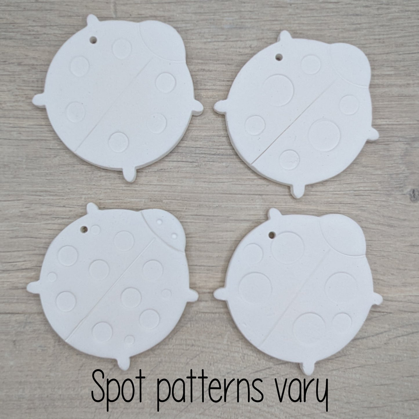 selection of clay decorations in the shape of ladybirds, all with a different spot pattern on them