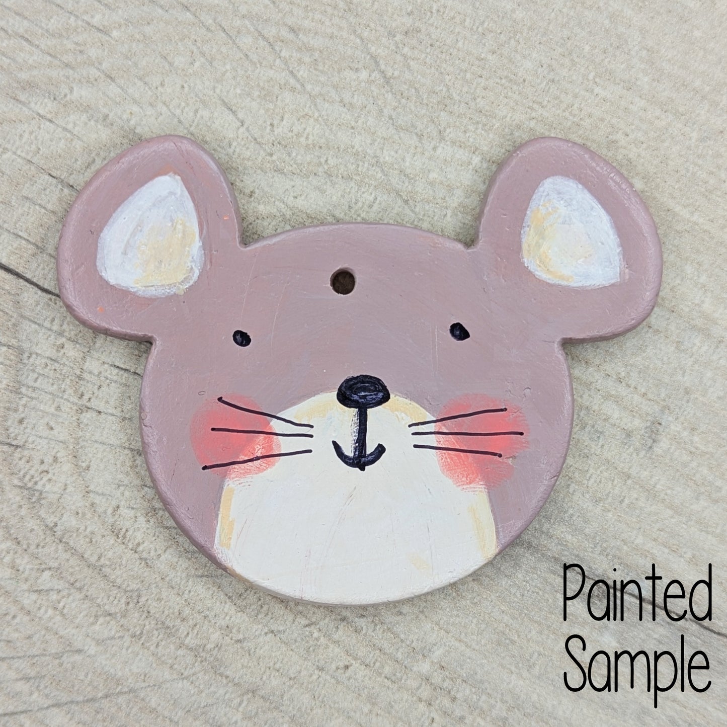 painted mouse sample clay decoration, painted in beige acrylic with a cute cheeky smile