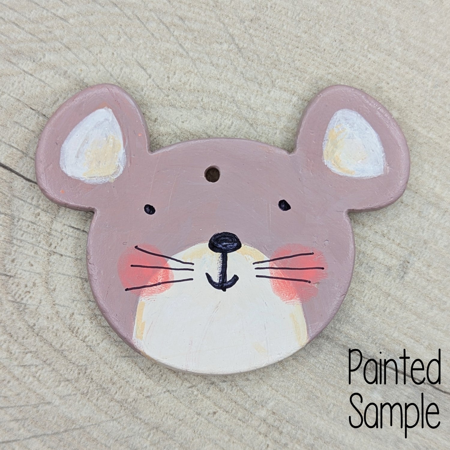 painted mouse sample clay decoration, painted in beige acrylic with a cute cheeky smile