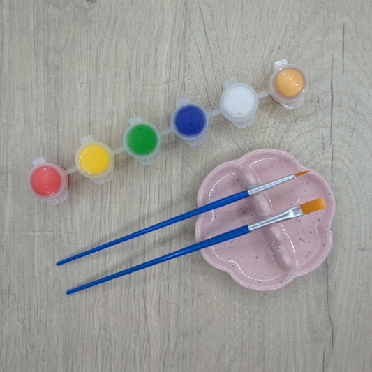 paint kit, 6 small pots of paint, red, yellow, green, blue, white, gold and two paint brushes
