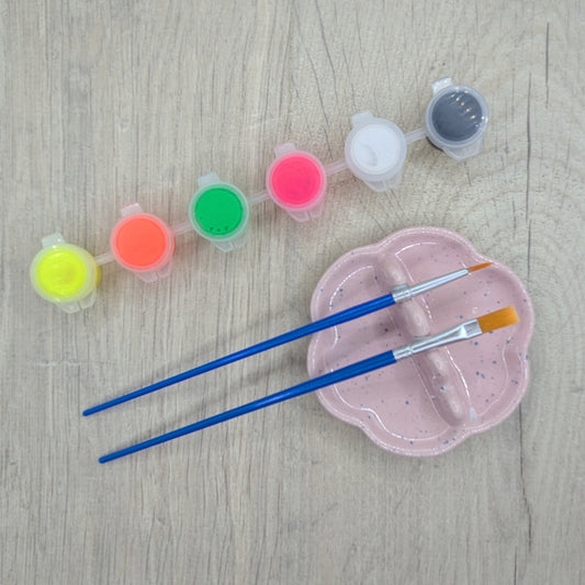 paint kit, 6 small pots of paint, neon yellow, orange, green , pink, white, black and two paint brushes