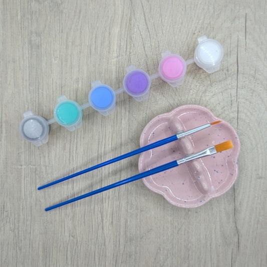 paint kit, 6 small pots of paint, silver, turquoise,  blue, purple, link, white and two paint brushes