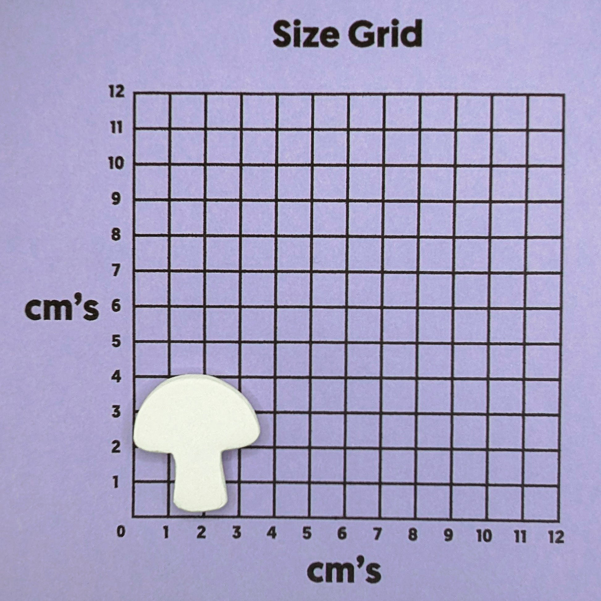 Grid with measurements in centimeters on a purple background, with mini mushroom clay decoration on it to show size