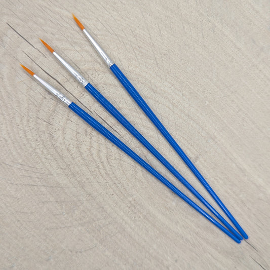 Three thin tip blue handle paint brushes 