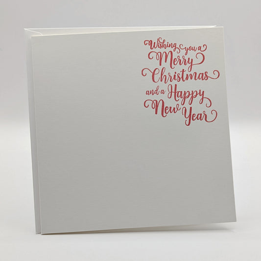 wishing you a merry Christmas and a happy new year, stamped in red ink onto a white card, comes with matching envelope