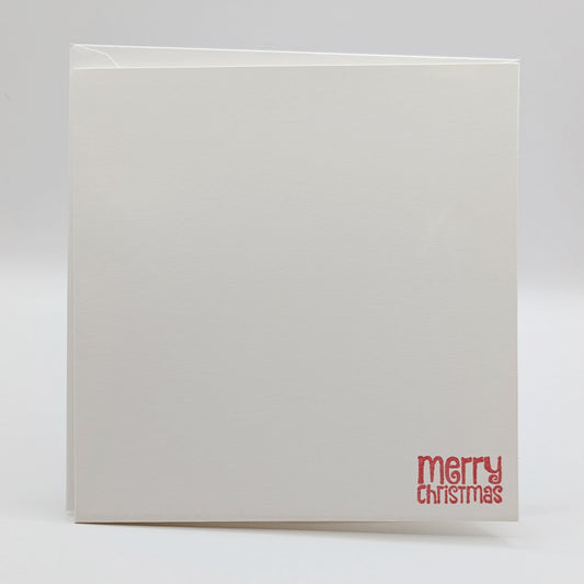 merry Christmas in a modern font, stamped in red ink onto a white card comes with matching envelope
